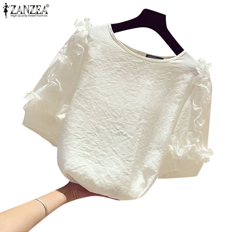 Zanzea เสื้อเบลาส์แขนสั้นคอลูกเรือลําลองเกาหลีสําหรับผู้หญิงเร้าใจ 3/4