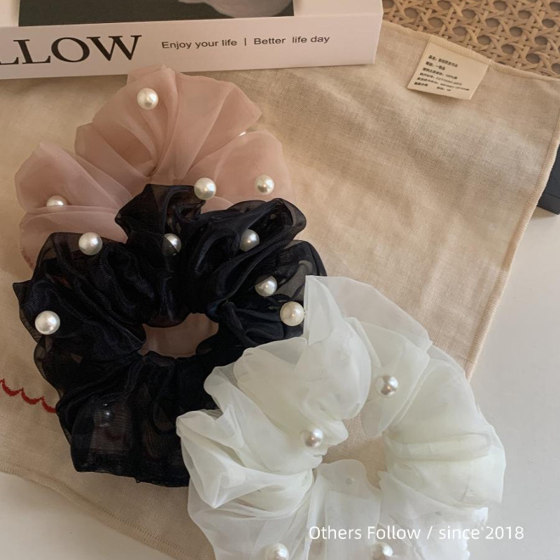 เกาหลี Organza Pearl Hair Band Retro Elegant ผู้หญิงเพิร์ลขนาดใหญ่ลําไส้ Band ผ้าเงาผมหางม้า Scrunchies