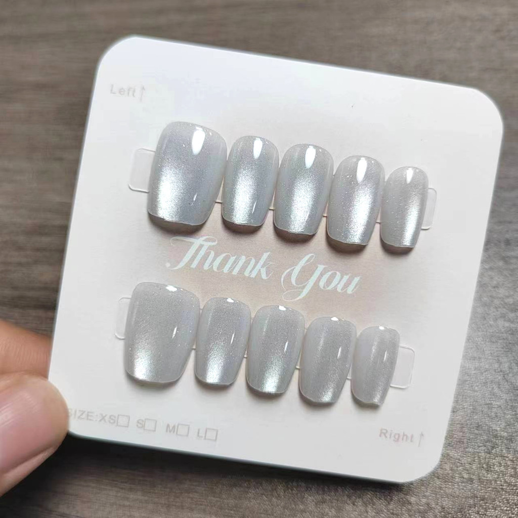 10pcs Cat Eye Handmade กดบนเล็บเล็บปลอมพร้อมสติกเกอร์กาว M092