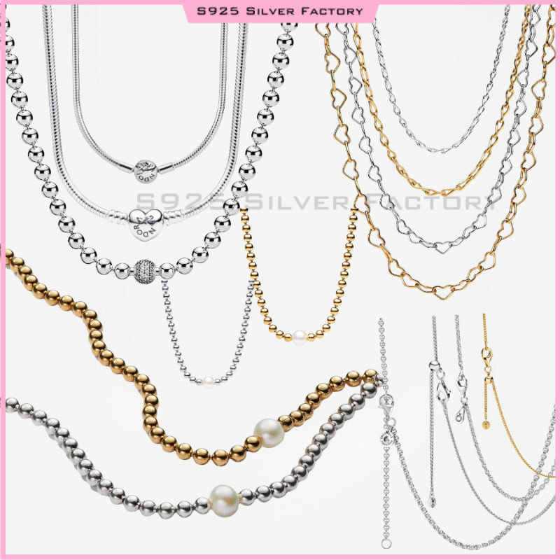 New Linked Hearts Collier Moments Heart Clasp Snake Chain Infinity Necklace ลูกปัดเงินแท้ 925 100% เหมาะสําหรับผู้หญิง เข้ากันได้กับสร้อยข้อมือเดิม