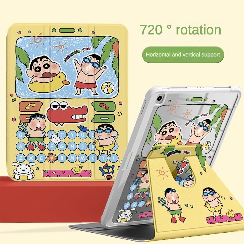 เคส Ipad 360 ° Rotationkeypad วันหยุดว่ายน้ํา Crayon Shin chan เหมาะสําหรับอะคริลิค iPad Air6 Gen7/8/9 10.2 Gen5/6 9.7 Air4 Air5 10.9 Pro11 Gen10 Triple พับ iPad Cover