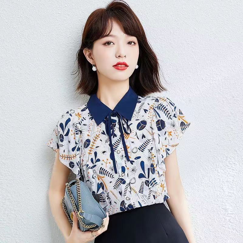 เสื้อชีฟองโบว์เร้าใจเสื้อฤดูร้อนสไตล์ฝรั่งเศสหลวมดอกไม้ด้านบน