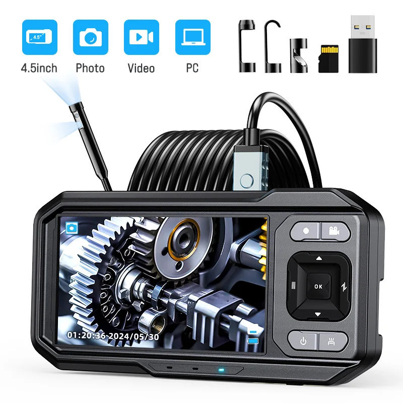 4.5 นิ้วอุตสาหกรรม Endoscope 8 มม.5M Dual/เลนส์เดี่ยว 1080P Digital Borescope กล้องตรวจสอบ IP67 กันน้ําท่อระบายน้ํากล้อง 16.5FT 180° ดูสายกึ่งแข็งสําหรับท่อซ่อมรถ
