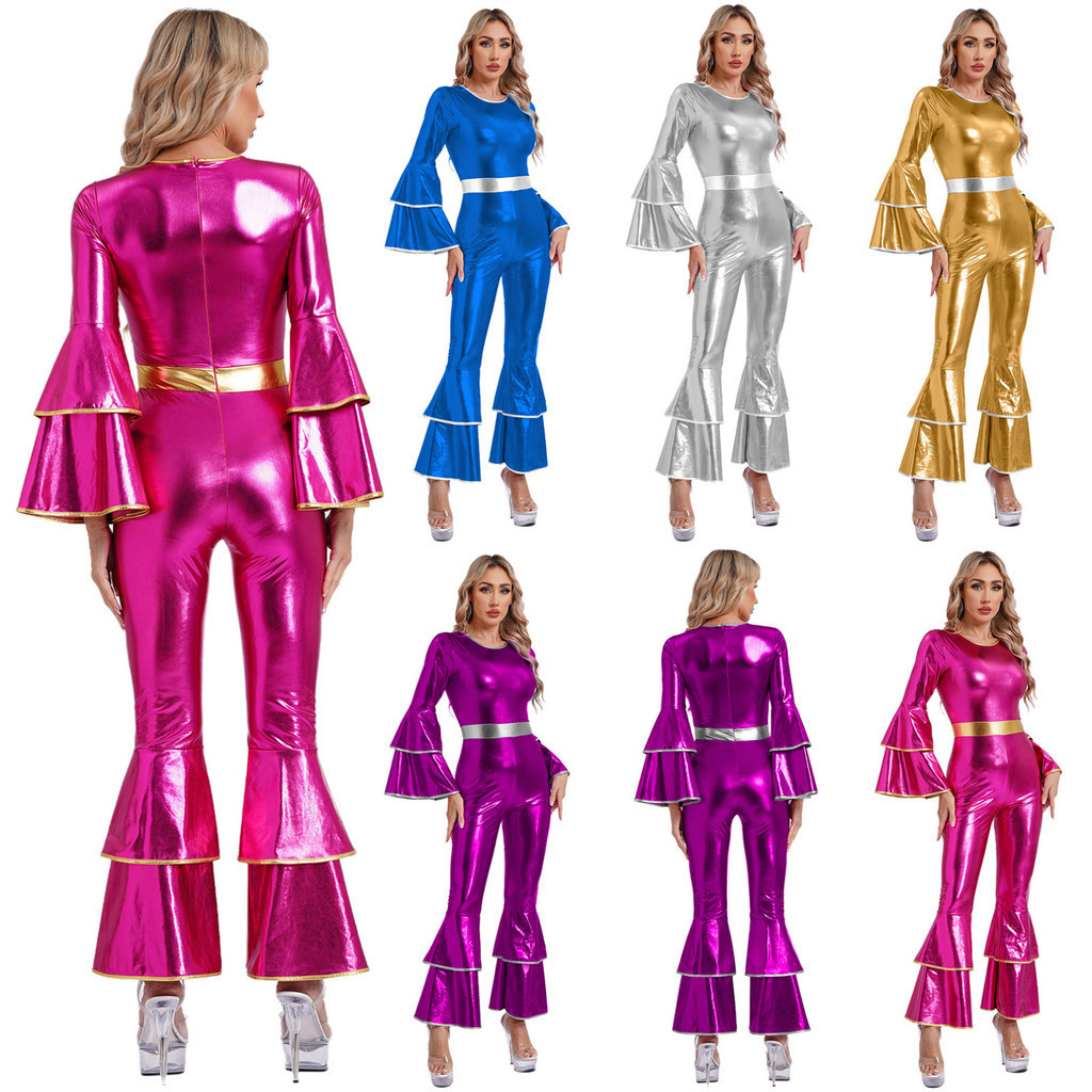 Womens Vintage 70s Disco เครื่องแต่งกายยืด Flare Sleeve Bell Bottom Jumpsuit One-piece Dancewear