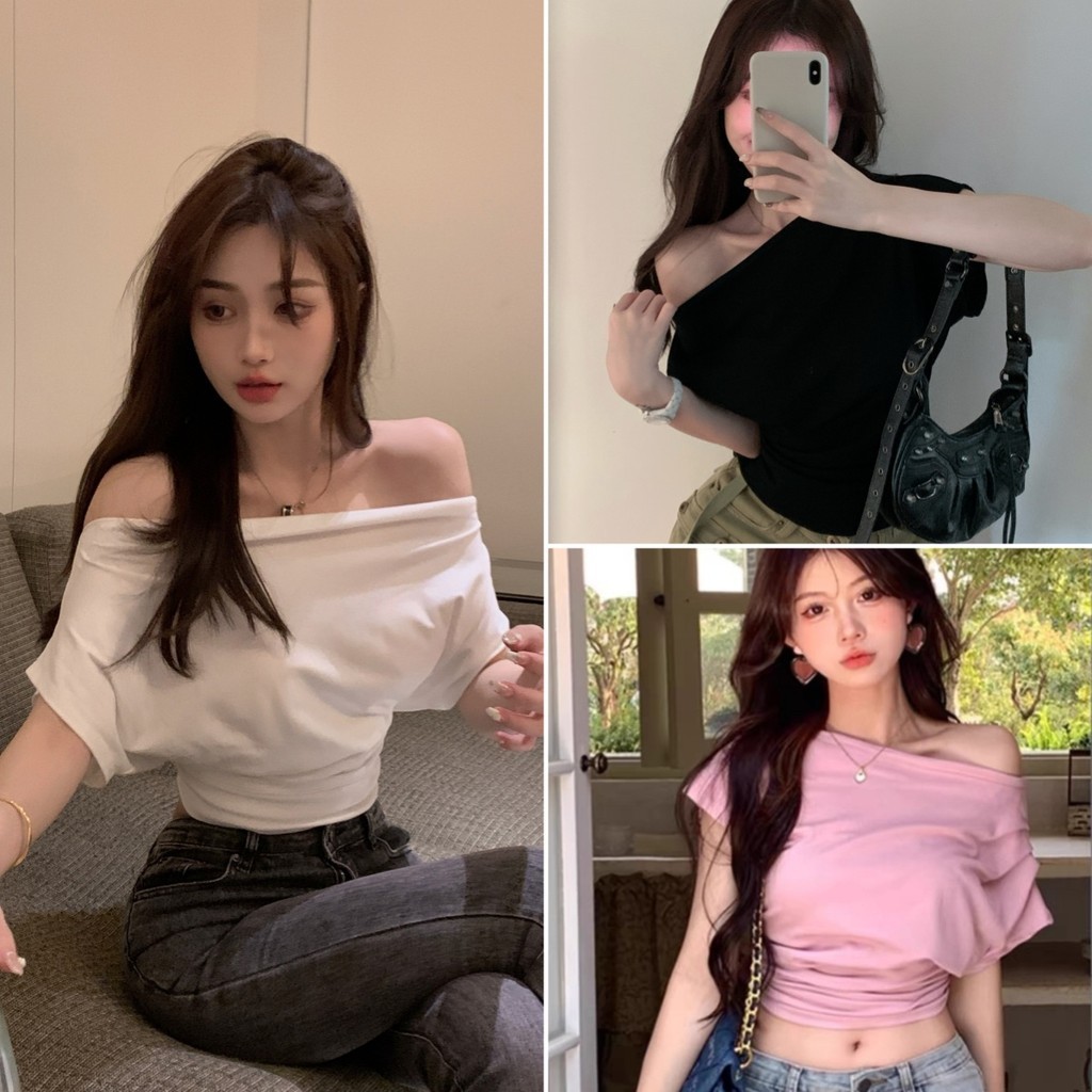 cherryshop🍒พร้อมส่ง เสื้อยืดปาดไหล่ผู้หญิง เสื้อครอปสวยๆ ผ้ายืดสั้น แขนสันแฟชั่น ดีไซน์เก๋ไก้จีบและเซ็กซี่ สไตล์ฝรั่งเศส