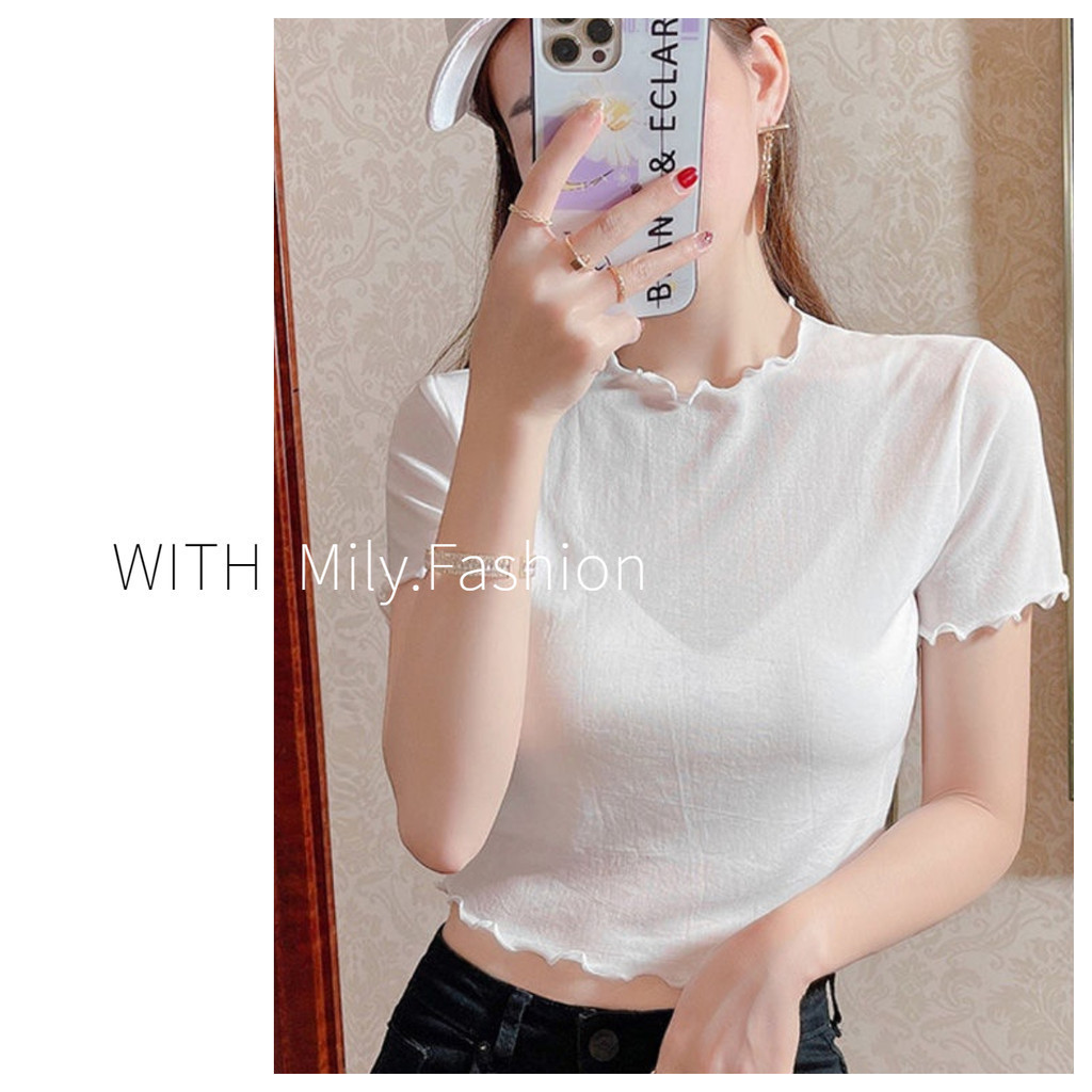 เสื้อแขนสั้น ผ้าเรยอน แบบบาง ผ้าตาข่าย สีขาวโปร่งใส
