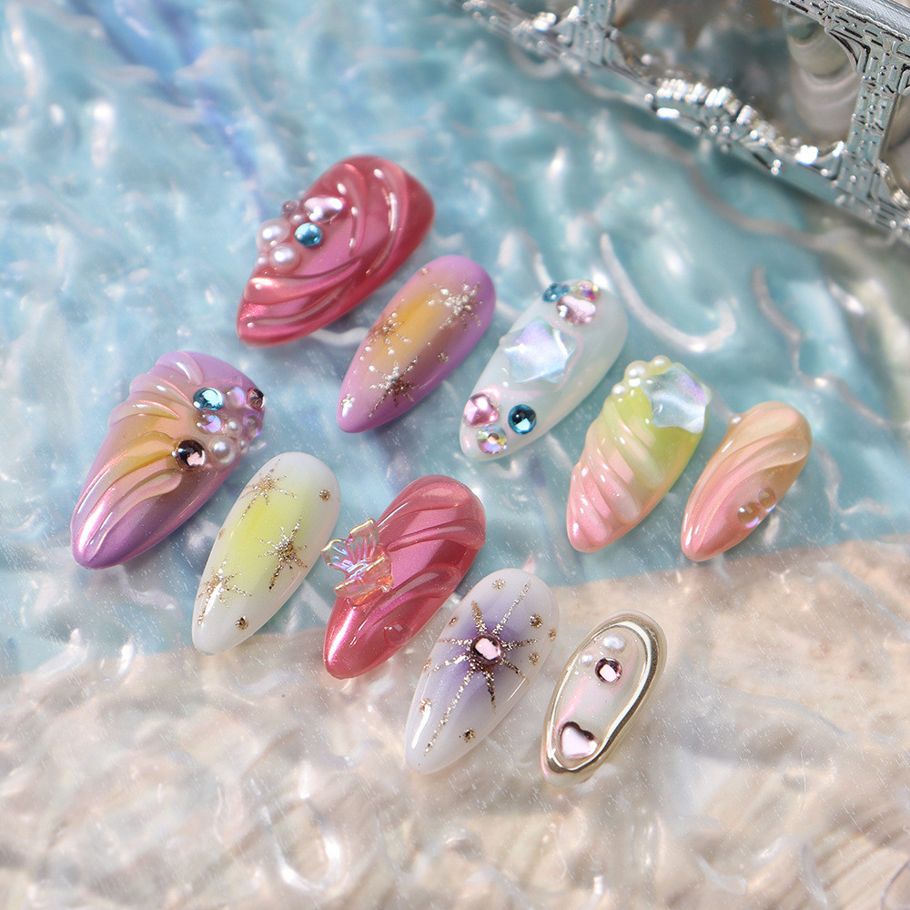100% handmade Water DROP Shape ฤดูร้อน3D ที่มีสีสัน Ocean WAVES Dream เล็บปลอม Art reusable และถอดออกได้