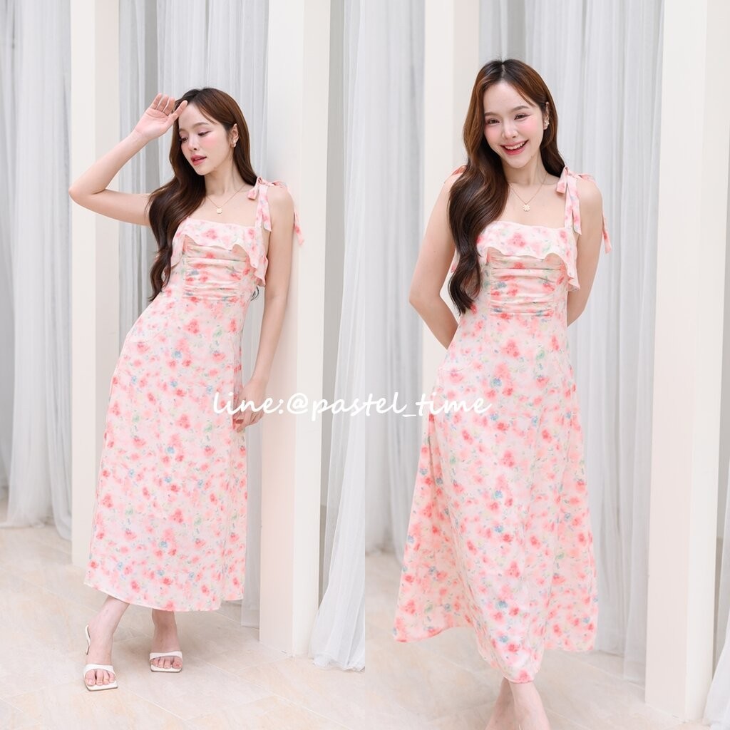Love in a mist Maxi dress - ลายดอกไม้บนพื้นสีชมพู [Made by Pastel Time]