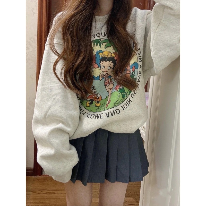ฤดูใบไม้ร่วงใหม่ผู้หญิงย้อนยุครอบคอการ์ตูนพิมพ์หลวมแขนยาวเสื้อ 240808