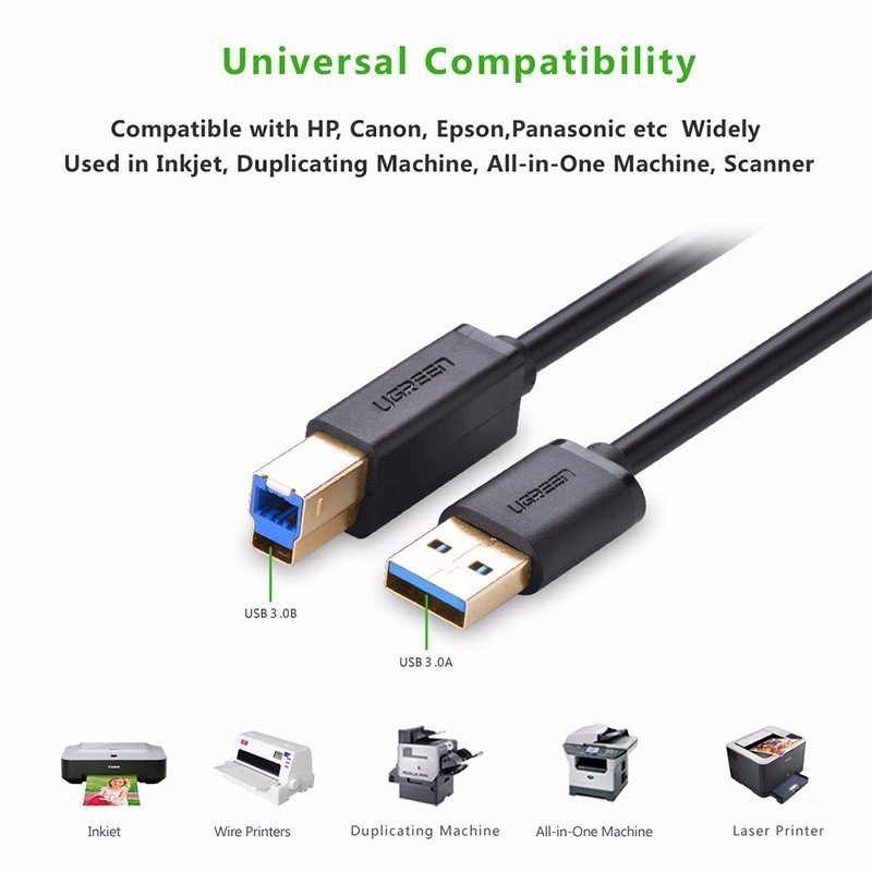 UGREEN สายต่อปริ้นเตอร์ USB 3.0 A Male to USB B Male Printer Scanner Cable ยาว 1-2M รุ่น US210
