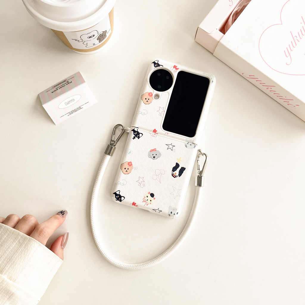 Oppo Find N3 เคสหนังพลิกน่ารักการ์ตูนสุนัขลูกสุนัขตัวน้อยพร้อมสายโซ่เคสOppo Find N2 Flip Hardกันกระแทกโทรศัพท์ความคิดสร้างสรรค์ฝาครอบ