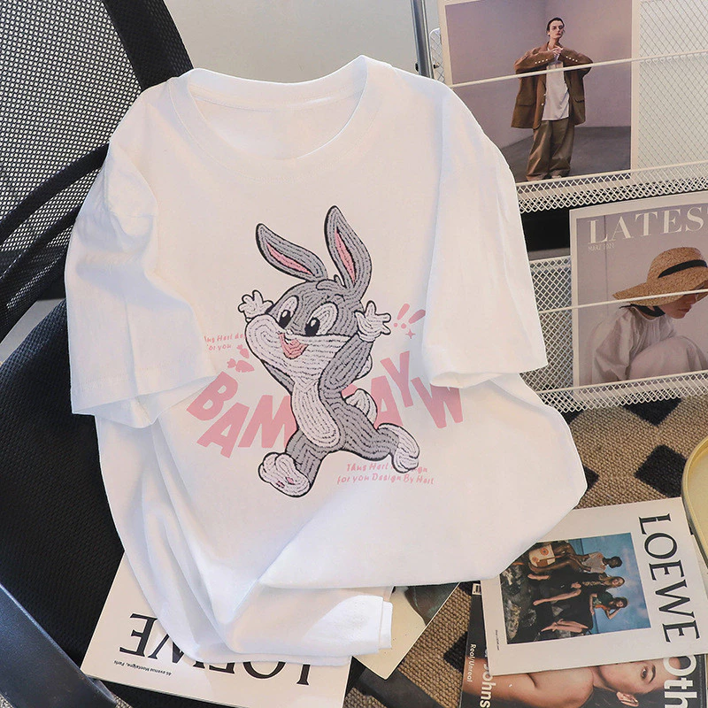 เสื้อยืดแขนสั้นผู้หญิง ลายกระต่ายลายดอกไม้ ผ้าฝ้าย 100% S-5XL