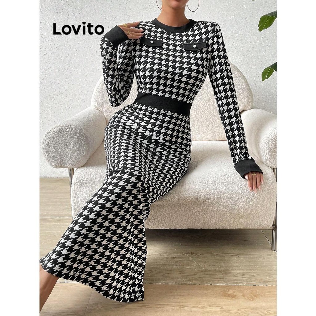 Lovito ชุดเดรสผู้หญิง แต่งกระเป๋าหลอก ลายฮาวด์สทูธ แบบคัลเลอร์บล็อก สไตล์หรูหรา LNL59031