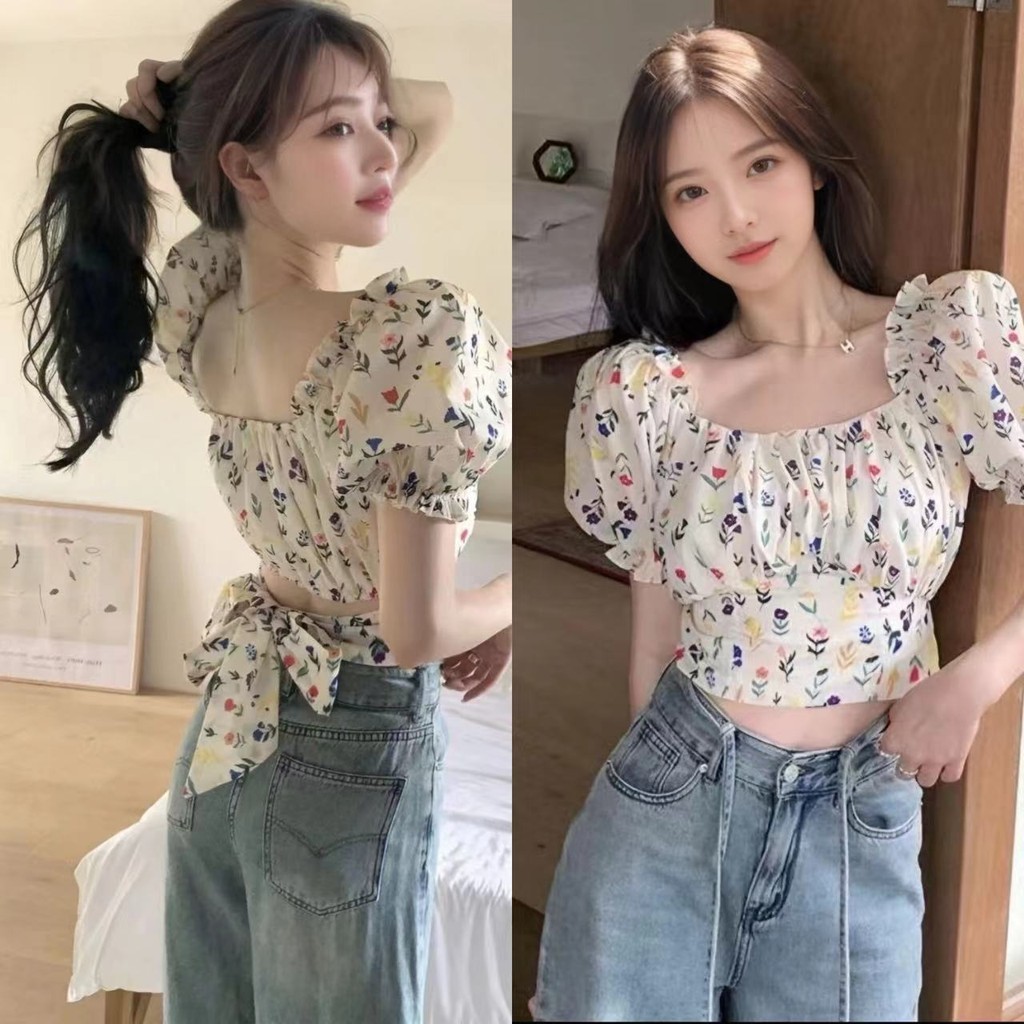 เสื้อครอปลายดอกไม้สไตล์เกาหลี แขนตุ๊กตาน่ารัก ดีไซน์แฟชั่นใหม่สำหรับผู้หญิง เพิ่มความน่ารักและสดใสให้กับลุคของคุณ