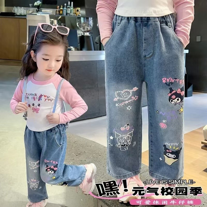 กางเกงยีนส์เด็กผู้หญิงสไตล์ใหม่เด็กการ์ตูนกางเกงขากว้าง
