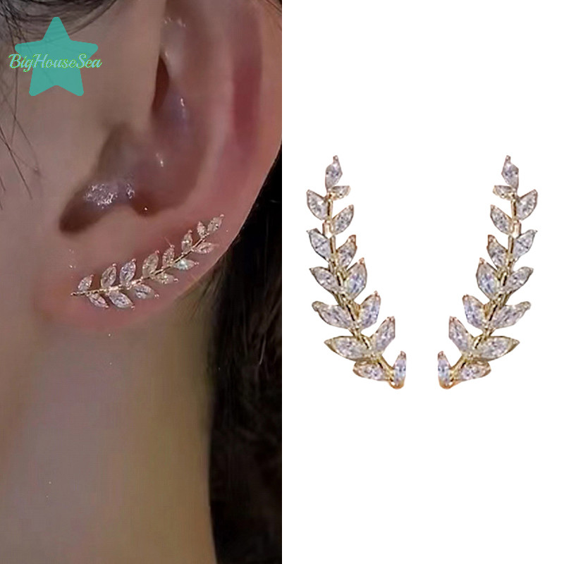 [BigHouseSea] ต่างหูใบ Rhinestone เงาสําหรับผู้หญิงประณีตข้าวสาลีหูต่างหูเครื่องประดับงานแต่งงานใหม่