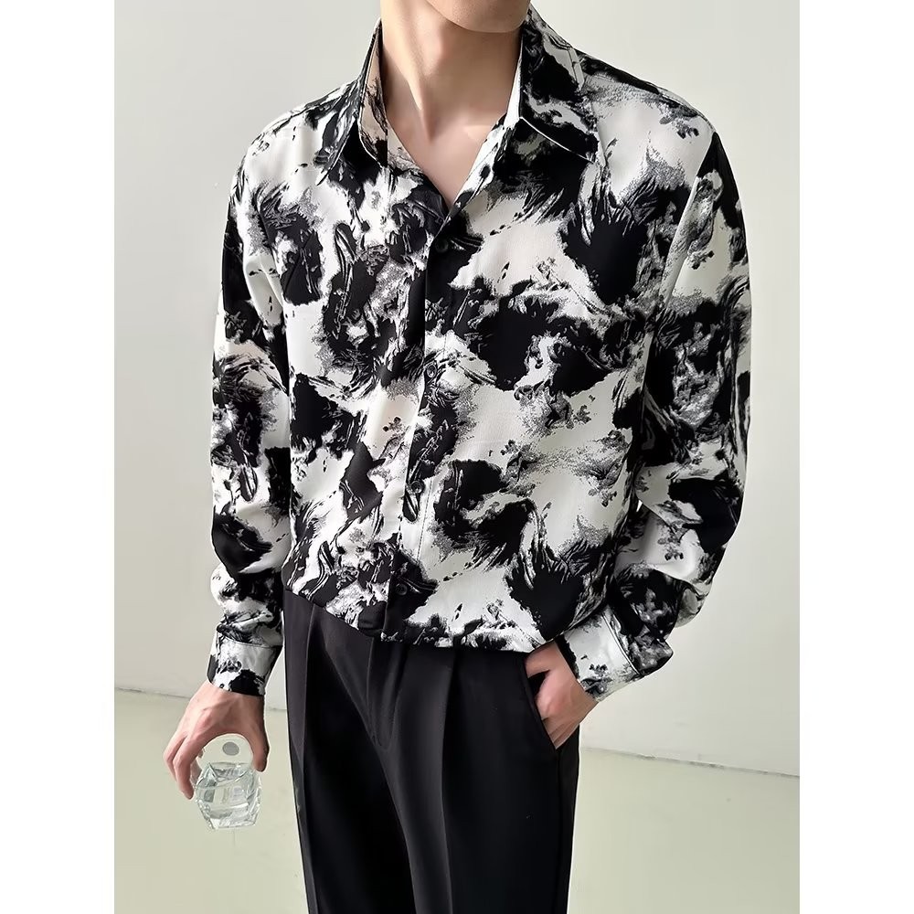 High-end Floral อินเทรนด์ Retro สี Ruffian เสื้อเชิ้ตแขนยาวผู้ชายหล่อ