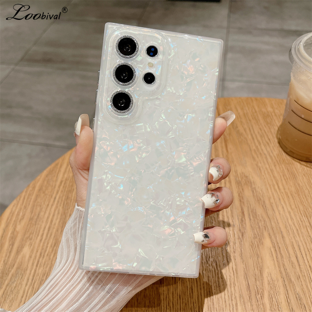 Glitter Marble Shell รูปแบบสําหรับ Samsung Galaxy S24 Ultra S23 S22 Plus S24Plus ปุ่มชุบกันกระแทก Ultra Slim ฝาครอบ