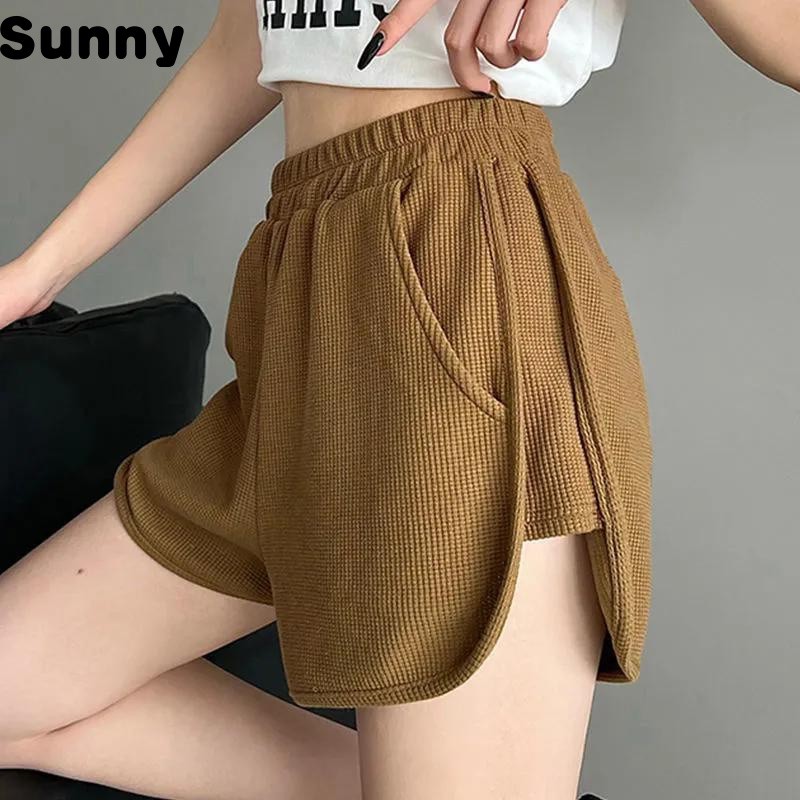 Sunny Waffle Sweatpants Shorts for Women Summer2024New Loose Slimming High Waist plus Size Casual Wide-Leg Pants