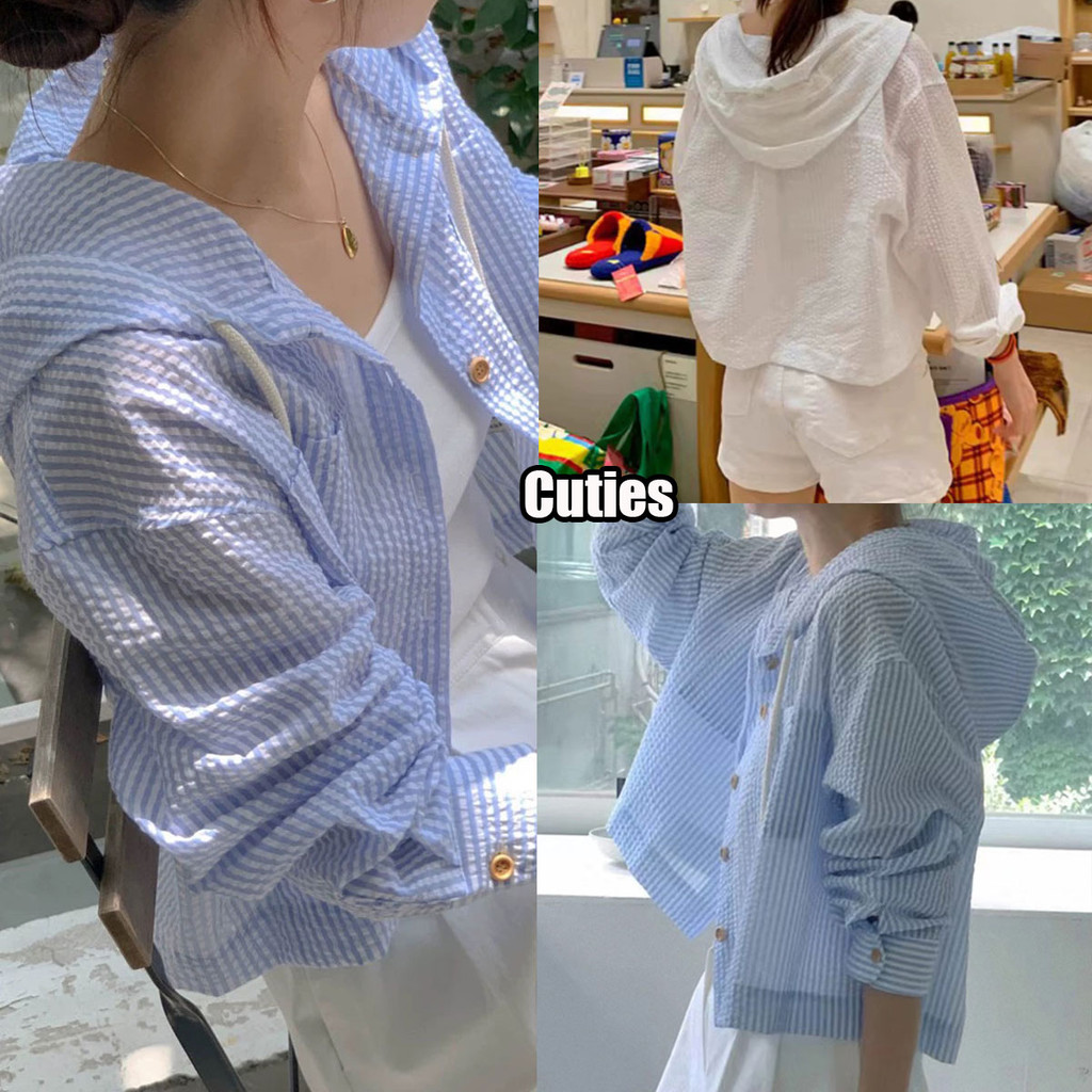 Cuties ซูซี ฤดูร้อนใหม่กระดุมแถวเดียวลายแขนยาวคลุมด้วยผ้าเสื้อผู้หญิงท็อปส์ W441