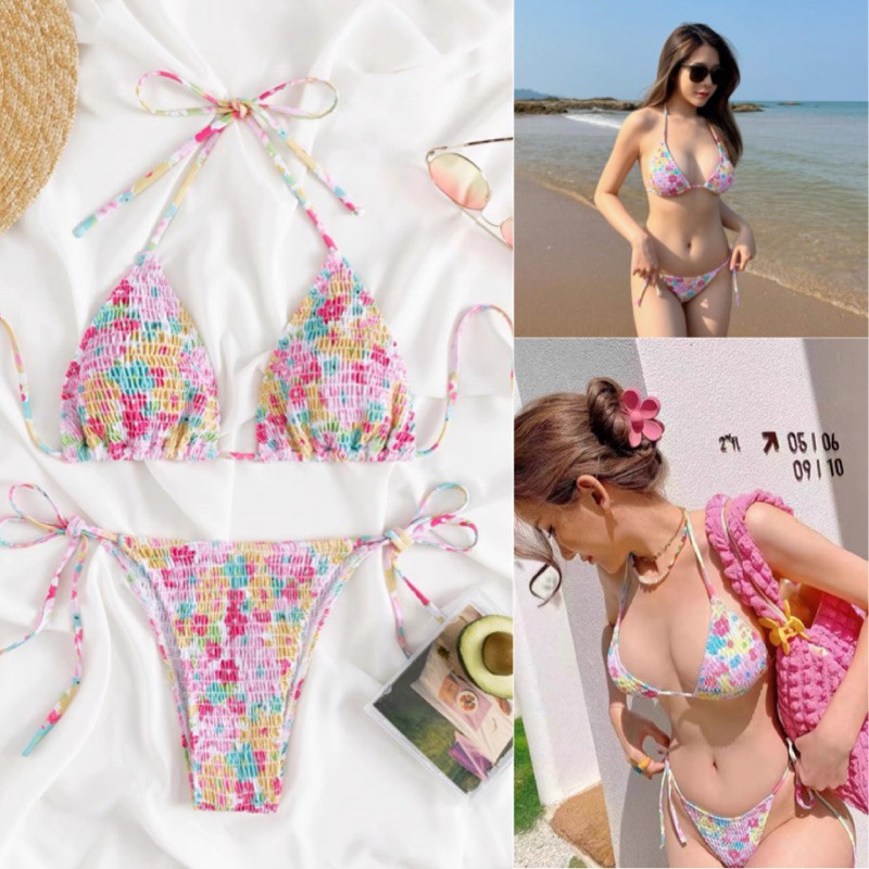 🌷ส่งไวจากไทย🌷ชุดว่ายน้ำลายดอก บิกินี่สวยๆ มีเลือกผูก ผ้าย่น สีน่ารักมาก สไตล์สายฝอ เซ็กซี่ - รูปที่ 5