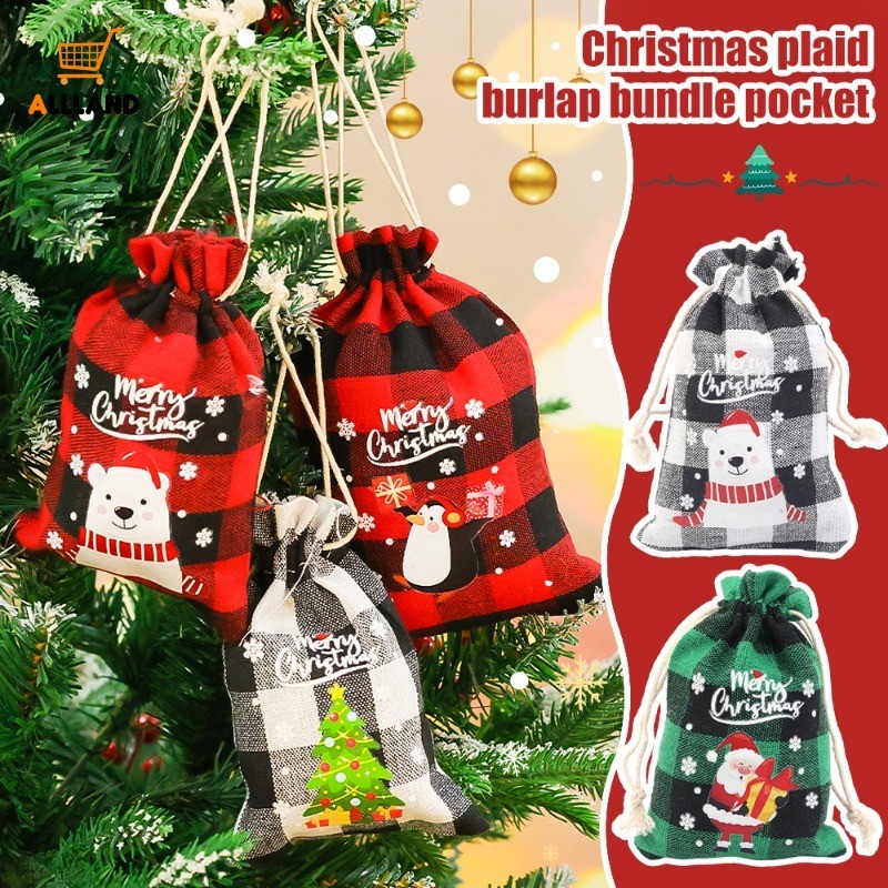 10 ชิ้นคริสต์มาสผ้าลินินกระเป๋า Drawstring - Candy บิสกิตกระเป๋าเก็บของขวัญ - Burlap สร้อยข้อมือเครื่องประดับบรรจุภัณฑ์ถุง Xmas Party Favors