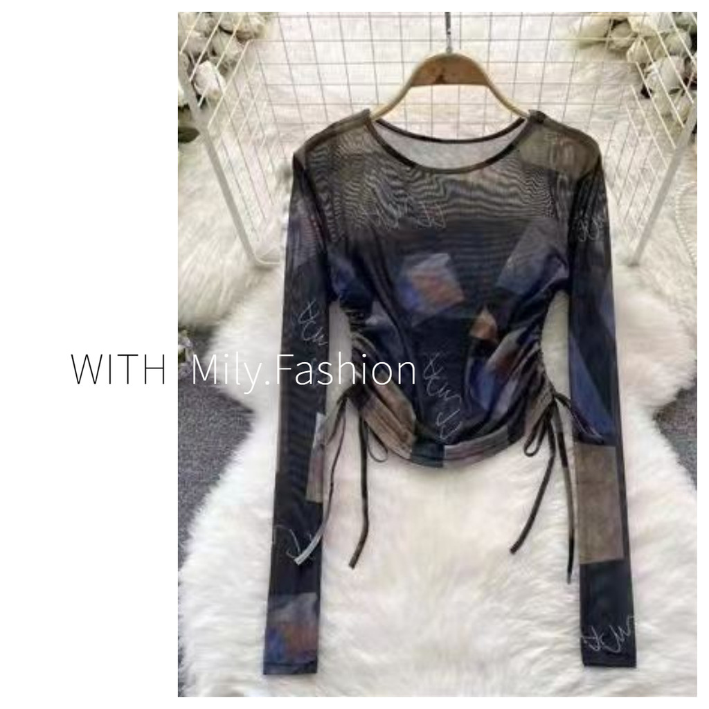 Milyfashion เสื้อยืดแขนยาว คอกลม แบบผูกเชือก เข้ารูป สไตล์ฝรั่งเศส เรโทร สําหรับผู้หญิง