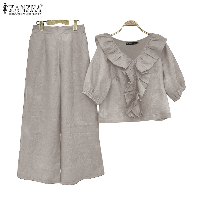ZANZEA ใส่ ซานเซีย ผู้หญิงเกาหลีสบายๆคอวีนัวเนียโคมไฟแขนยืดหยุ่นข้อมือกว้างขาท็อปส์กางเกง