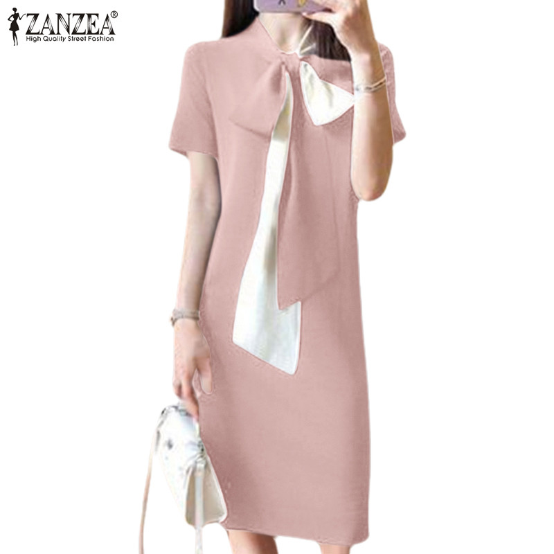 ZANZEA ใส่ ซานเซีย ผู้หญิงฤดูร้อนลําลองผูกโบว์ปกแขนสั้นชุด