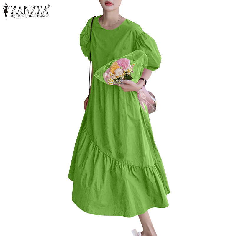 ZANZEA ซานเซีย ผู้หญิงเกาหลีลําลองรอบคอพัฟแขนสั้นชุดสีทึบ
