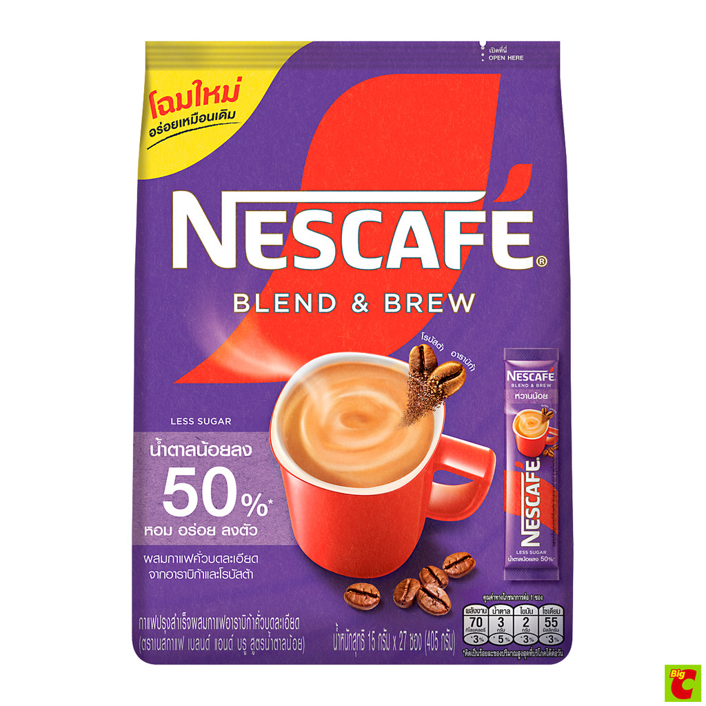 เนสกาแฟ เบลนด์ แอนด์ บรู กาแฟปรุงสำเร็จ สูตรน้ำตาลน้อย 15 ก. แพ็ค 27