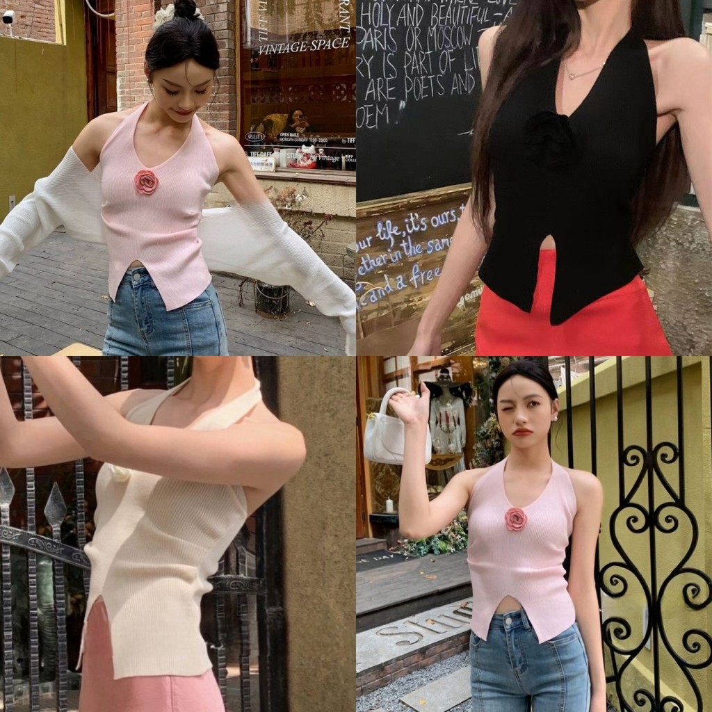 Evelyn เสื้อคล้องไหมพรม ผู้หญิง ผ้าร่อง เซ็กซี่ ติดโบว์ เสื้อกล้ามผู้หญิง หลากสี ใส่สบาย ส่งไวจากไทย#3593