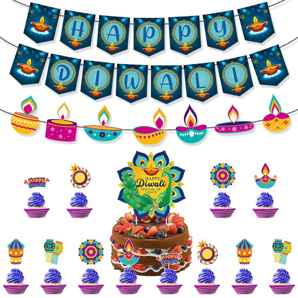 2025 ของประดับ Diwali Happy Deepavali Festival Decor Party Banner, Spiral Pull Flag,เค้กโล่ Diwali D