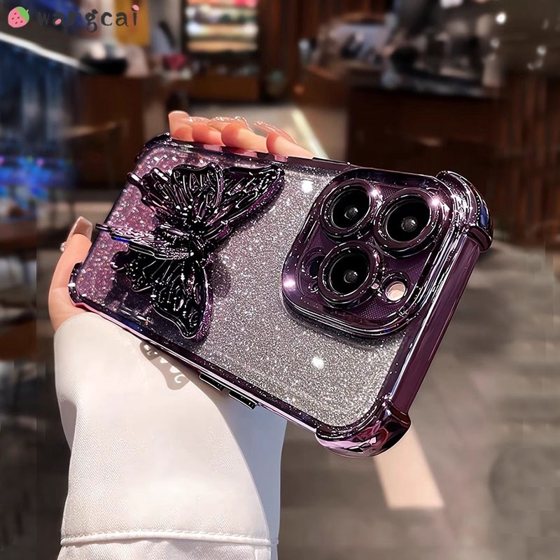 สําหรับ OPPO A3 A2 A1 Pro 5G A1s A1x A1K เคสโทรศัพท์ 3D สเตอริโอผีเสื้อพับขาตั้งชุบไล่ระดับสีเงา Shining Glitter Bling หรูหราปลอกอ่อนกรณีฝาหลัง