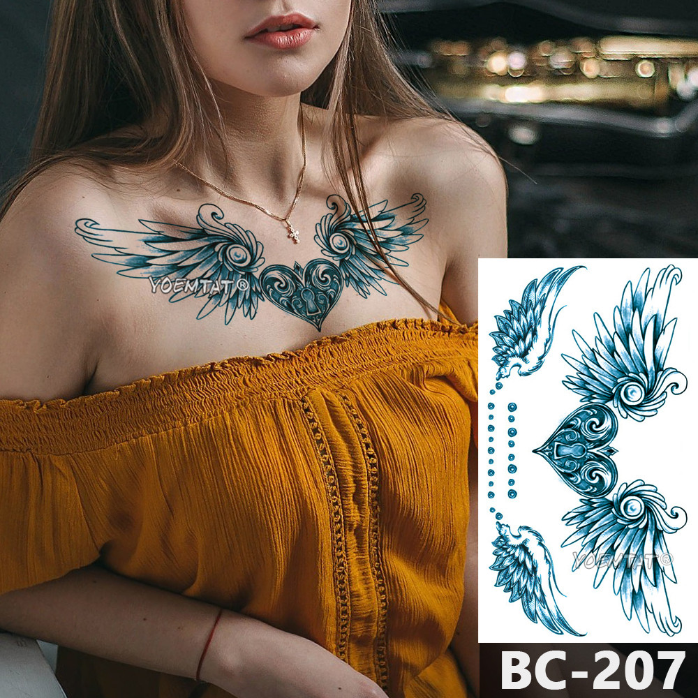 กันน้ําชั่วคราว Tattoo สติกเกอร์ปีก Feather Heart ล็อค Henna แฟลช Totto แขนเอวหน้าอก Body Art รอยสักปลอมผู้หญิงผู้ชาย