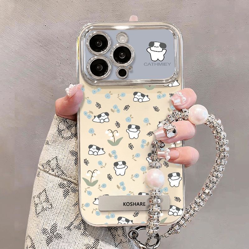 Iphone 15promax Apple 14/XSMAX เคสโทรศัพท์ 13 Soft Case 12 Creative 11/XR Anti Drop 7/8plus Niche ใหม่ Blue Floral Puppy Holder สร้อยข้อมือมุก