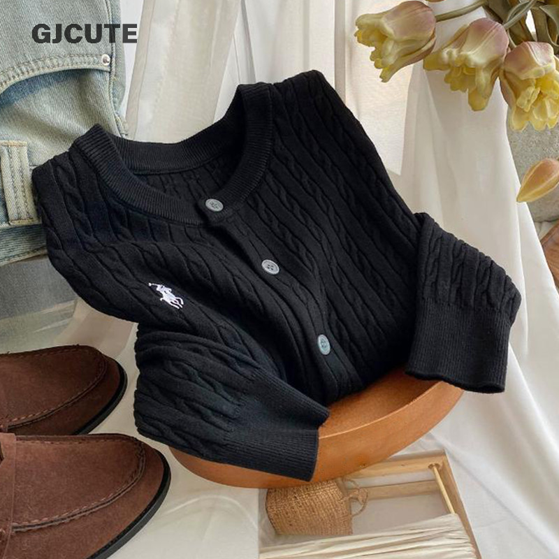 Gjcute เย็บปักถักร้อยถักเสื้อสเวตเตอร์ถักผู้หญิง Retro รอบคอเดี่ยวเสื้อกันหนาว WTD