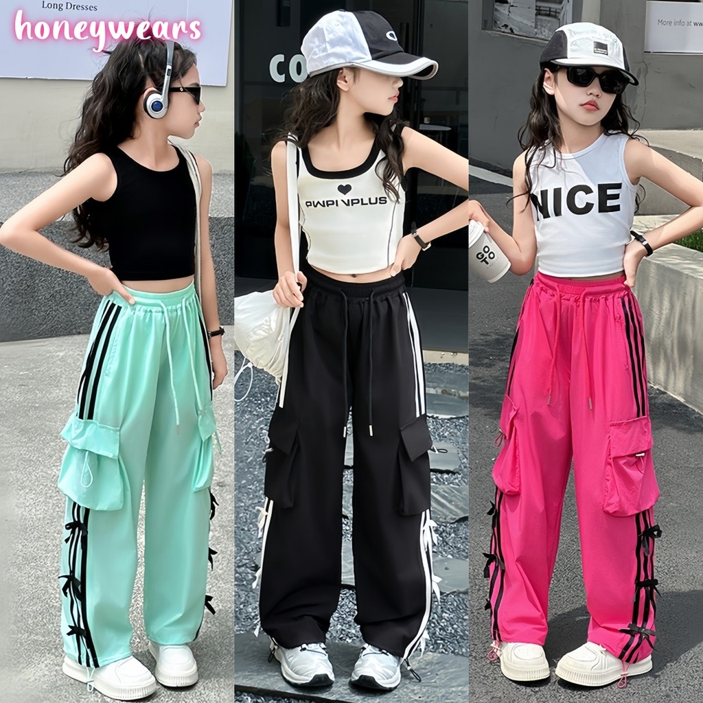 honeywears⚡️พร้อมส่ง⚡️กางเกงคาร์โก้เด็ก ขายาว ลำลองแฟชั่น สีสันสดใส สไตล์เกาหลี ฤดูร้อน ไซส์ 120-160