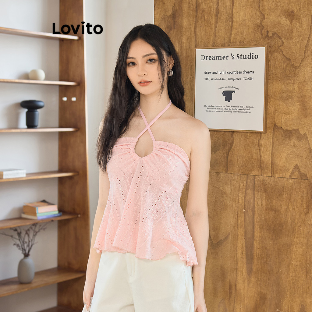 Lovito เสื้อกล้าม โบโฮ ธรรมดา แจ็คการ์ด ผูกเชือก เสื้อกล้าม สำหรับผู้หญิง L99ED050