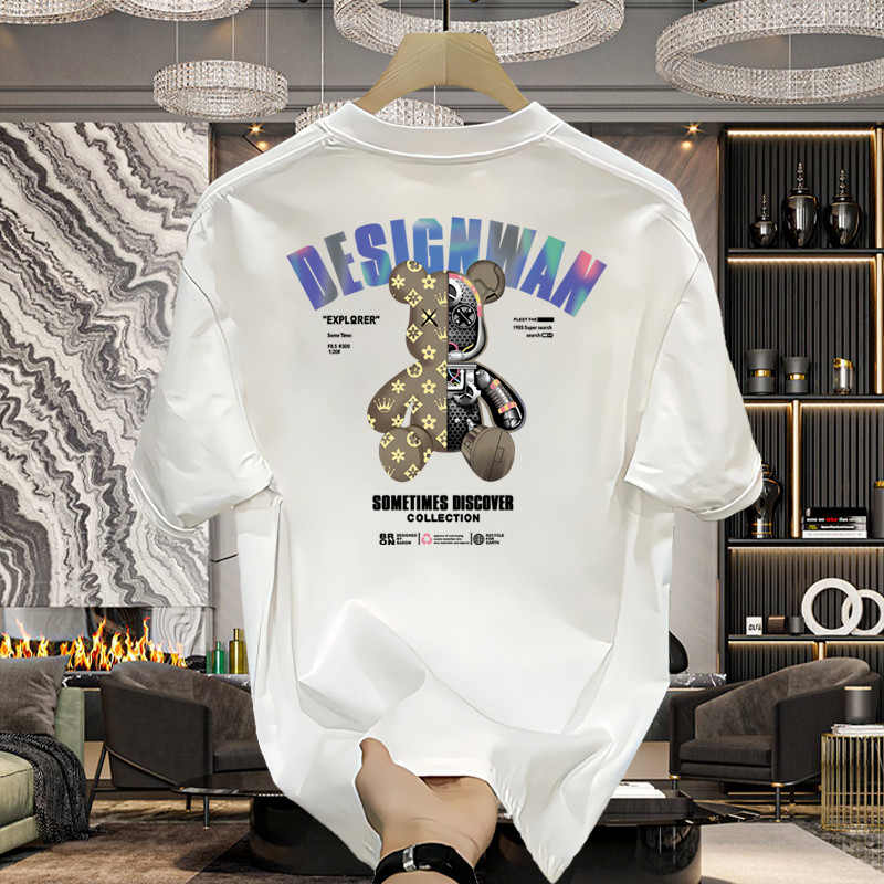 (จัดส่งในประเทศไทย)เสื้อยืดลําลอง แท้ แขนสั้น คอกลม พิมพ์ลายการ์ตูนกระต่าย หมี แฟชั่นฤดูร้อน สําหรับผู้ชาย มีสีดํา