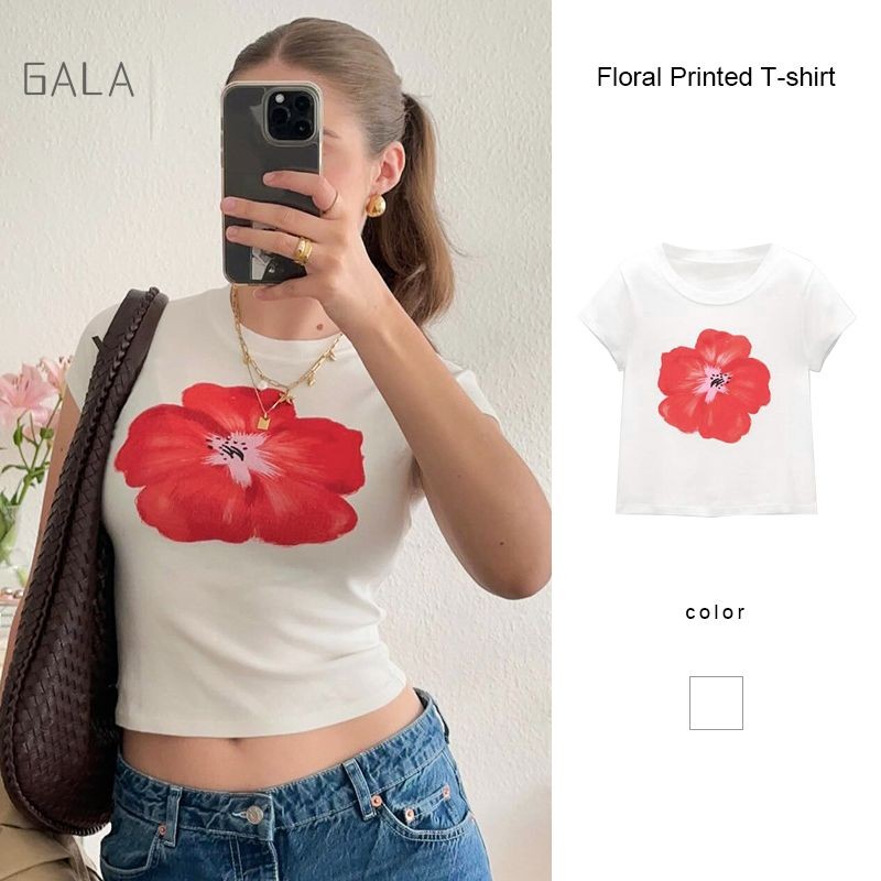 เสื้อยืดพิมพ์ลายดอกไม้แฟชั่นคอกลมแขนสั้นเสื้อยืดผู้หญิงเสื้อรัดรูปบาง GA