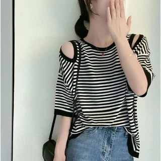 เสื้อยืดโอเวอร์ไซส์ (50-150 กก.) Plus Size ผู้หญิงสไตล์เกาหลีพลัสไซส์ลายทางปิดไหล่เสื้อยืดแขนสั้นคอกลมเสื้อผ้าสตรีแฟชั่น