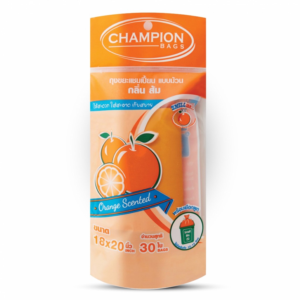 NP_shop4289 Champion ถุงขยะแบบม้วน ขนาด 18x20 บรรจุ 30 ใบ/แพ็ค สีส้ม กลิ่นส้ม