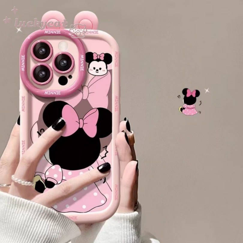 Iphone 15 14 13 12 11 Pro Max X Xr Xs Max 7 8 Plus SE2020 เคสโทรศัพท์ 3D DIY โบว์สีชมพูน่ารักเมาส์คู่ฝาครอบโทรศัพท์นุ่ม