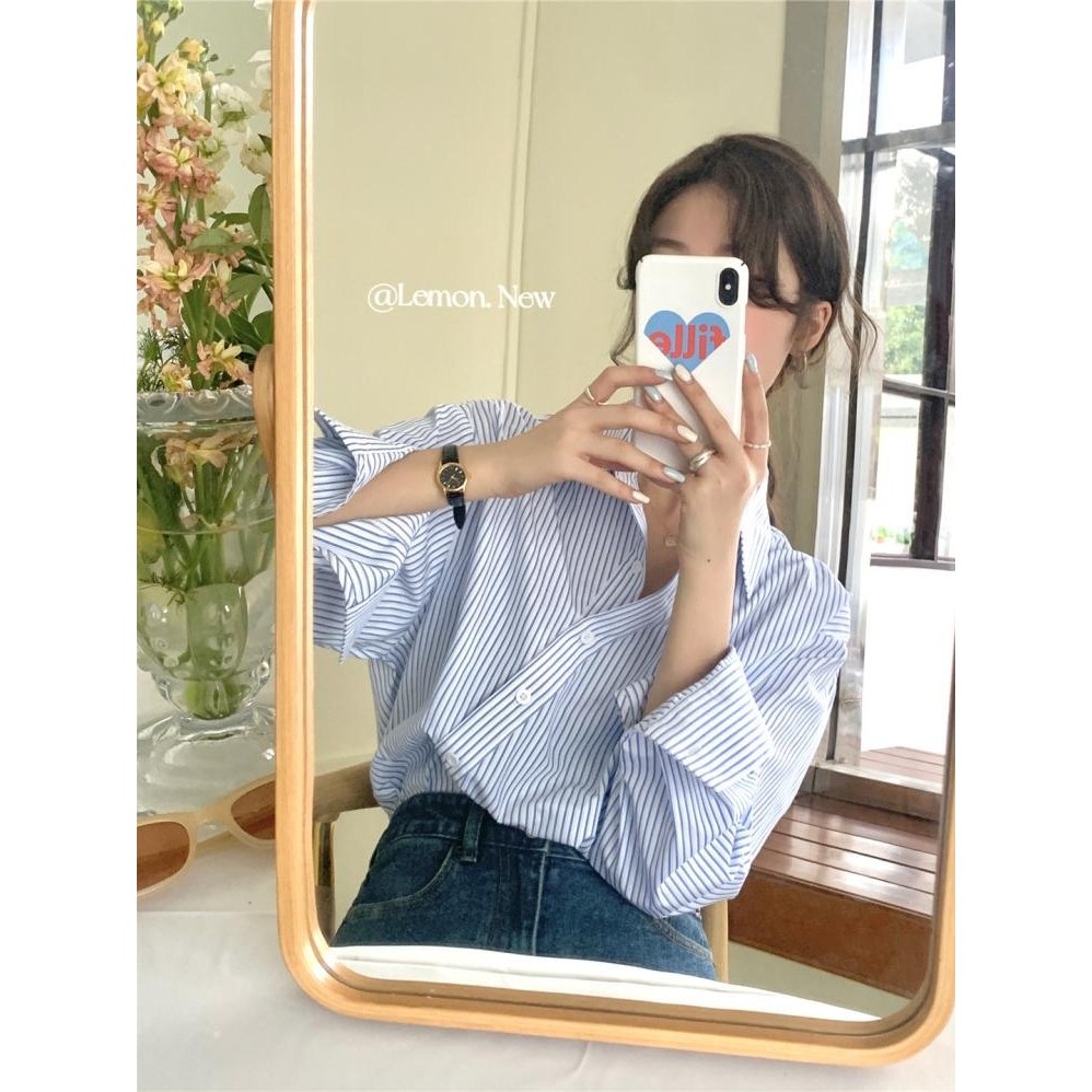 PKB2975 เสื้อเชิ้ตแขนยาวคอปกผู้หญิง พิมพ์ลายทาง ทรงหลวม แฟชั่นฤดูร้อนสไตล์เกาหลี อก44 ฟรีไซส์