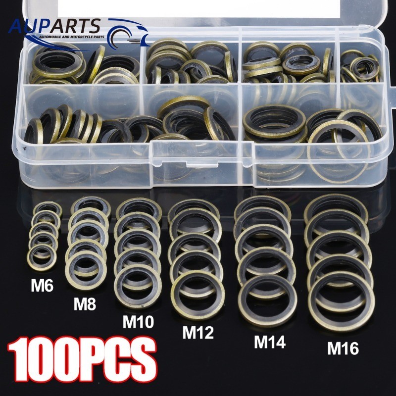 100 ชิ้น/กล่อง Multisize รถท่อระบายน้ําน้ํามันปลั๊กปิดผนึกปะเก็นยางโลหะ - อะไหล่รถยนต์ติดตั้งสกรู Bolt Fastening เครื่องซักผ้า