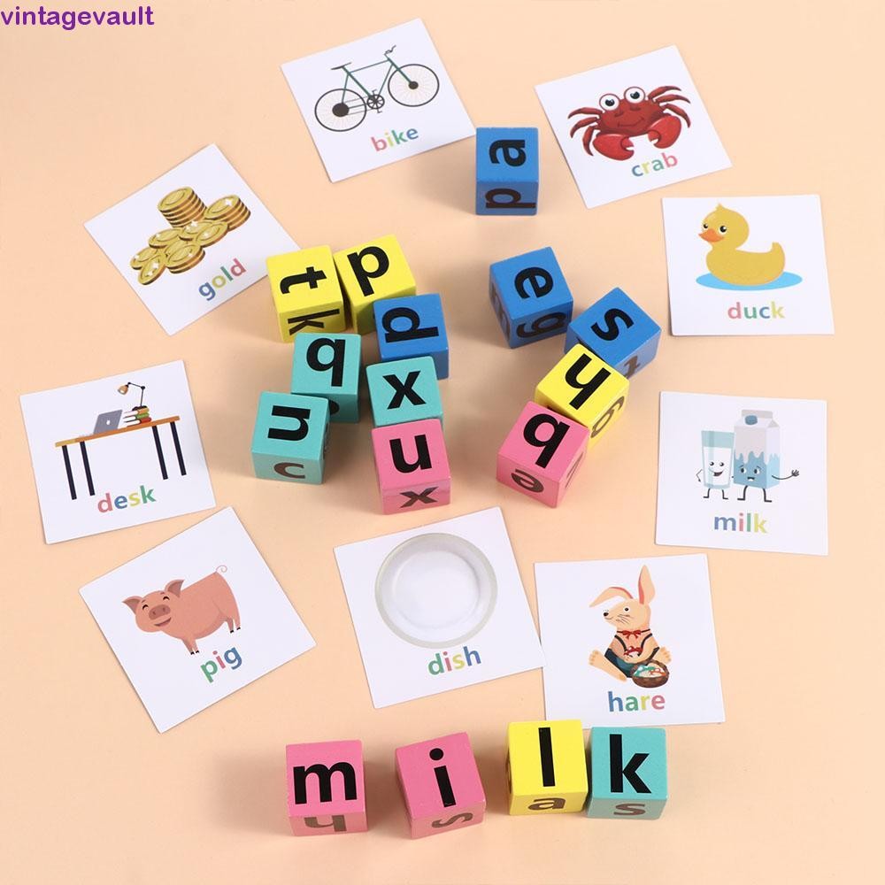 Vintagevault ตัวอักษรสะกดเกมอาคารบล็อก Interactive ตัวอักษรการเรียนรู้แฟลชการ์ด Word Spelling เกมจับคู่เกม Literacy Flashcards คําภาษาอังกฤษการ์ด