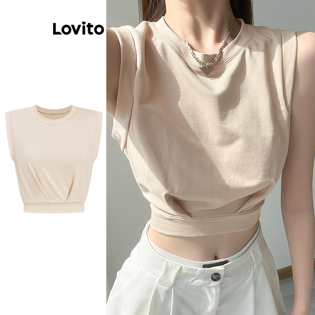 Lovito เสื้อยืดผู้หญิง แต่งจีบ สีพื้น สไตล์ลำลอง L99ED187