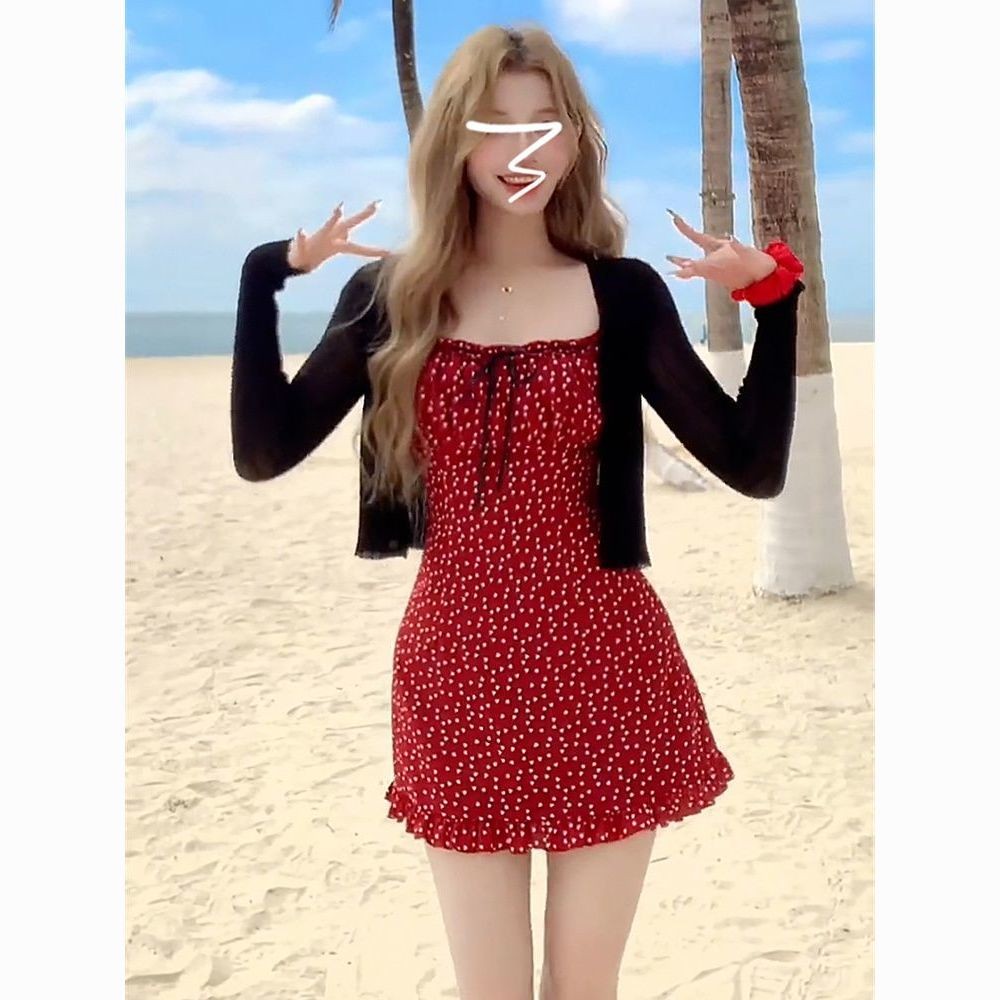 Sweet and Spicy Style Lace-up Floral Strap Dress Suit Women's Summer Thin Sun Protection Clothing Cardigan Hot Girl Waist-Tight Short Skirt