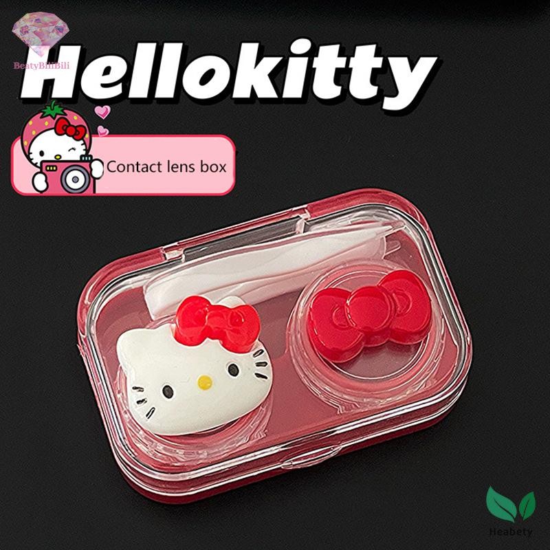 Heabety สีแดง Sanrio Hello Kitty กล่องคอนแทคเลนส์โบว์กล่องคอนแทคเลนส์แบบพกพาหญิงของขวัญท่องเที่ยวคอนเทนเนอร์อุปกรณ์เสริมใหม่